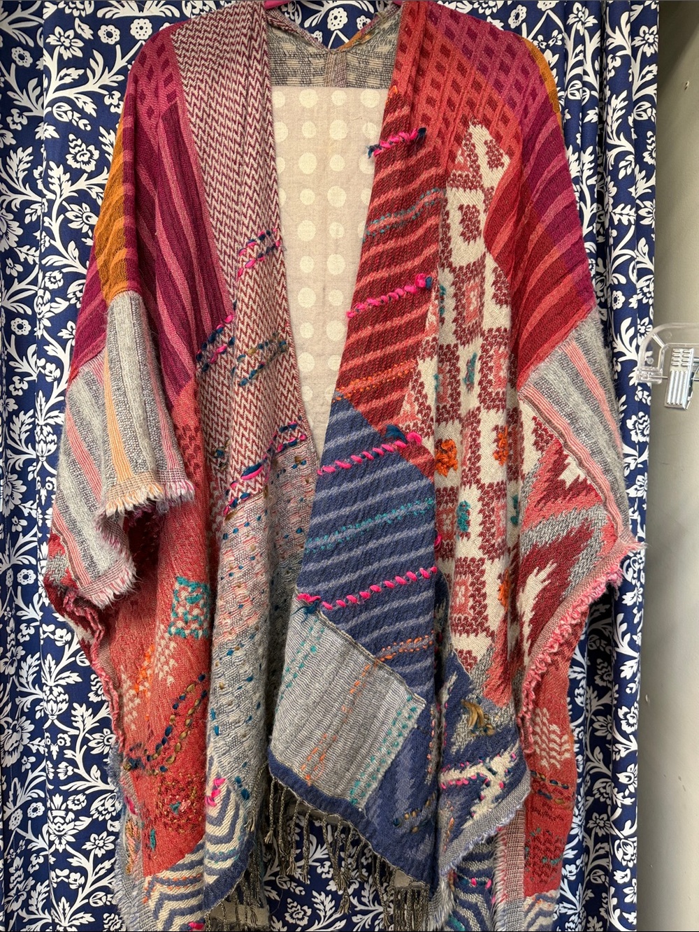 Noble Blance Poncho Patchwork Multicolor Knit Cape - Women's Open Drape